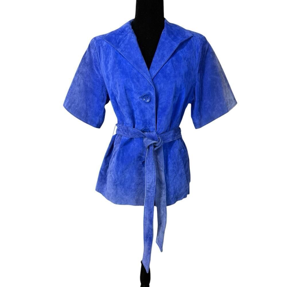 Terry Lewis Leather Suede Blue Jacket Womens L Boho Biker Short Sleeve Vintage